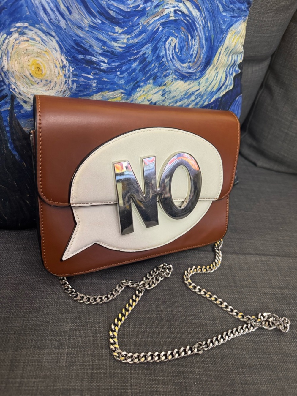 Zara Brown and White Leather Crossbody Bag with Chain - Picture 2 of 5